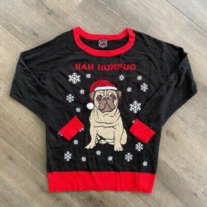 Womens Black Bah Humpug Christmas Holiday Sweater Pug Santa Dog - Size Small